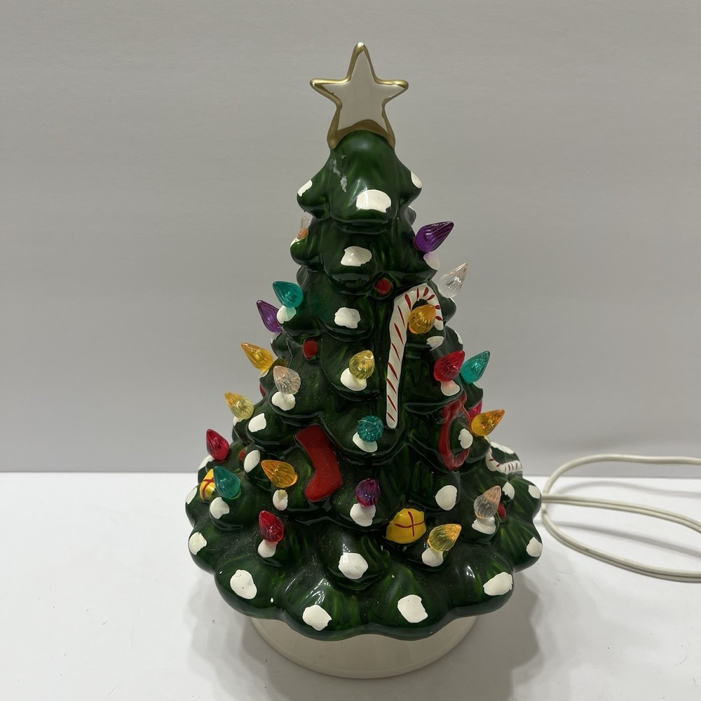 Vintage Christmas Ceramic Tree With Plastic Lights Corded 10" Colorful Festive